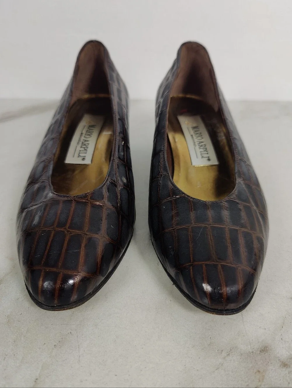 Mario Arpili Italy Croc Embossed Leather Block Heel Pumps, Sz 5